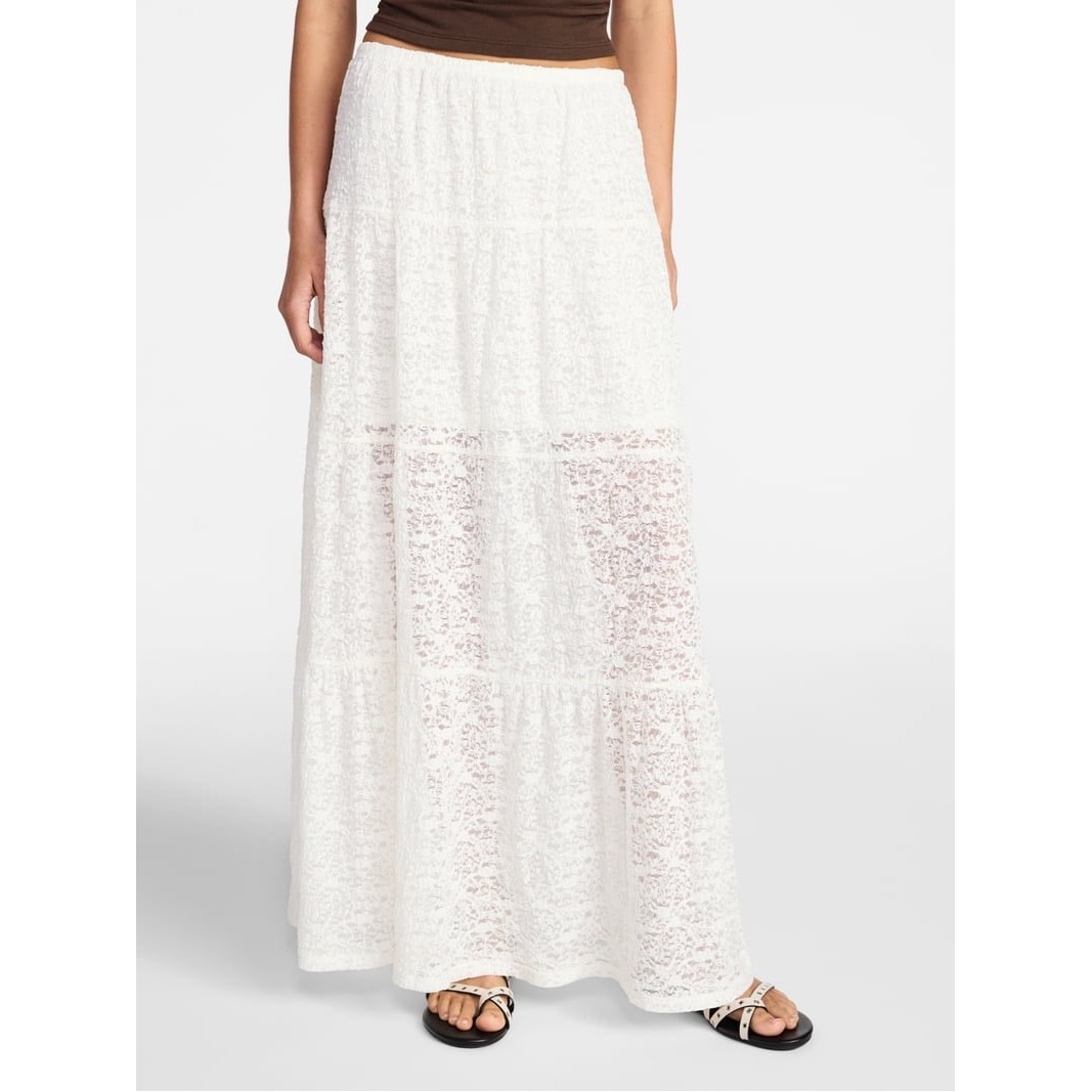 No Boundaries White Floral Lace Tiered Maxi Skirt Boho Cottagecore Romantic